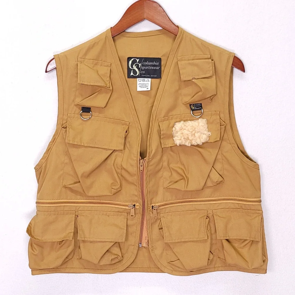 Vintage Columbia Sportswear Fishing Vest Tan Multi-Pocket Utility Mens Medium